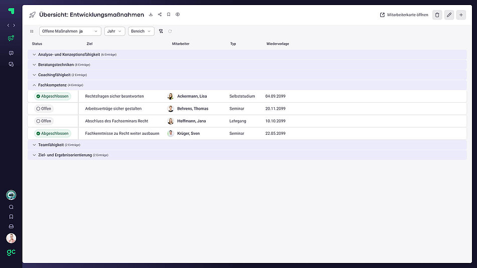 Feedback Screen Entwicklungsmassnahmen